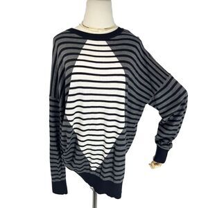Planet by Lauren G Striped‎ Oversized Sweater OSFM Black White Gray Striped